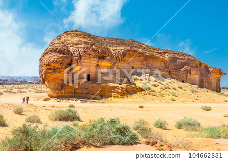 Jabal al Ahmar ancient  Nabataean civilization tombs carved in stone, Hegra, Madinah Saleh, Al Ula, Saudi Arabia 104662881