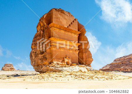 Entrance to the ancient nabataean Tomb of Lihyan, son of Kuza carved in rock in the desert, Mada'in Salih, Hegra, Saudi Arabia Entrance to the ancient nabataean Tomb of Lihyan, son of Kuza carved in rock in the desert, Mada'in Salih, Hegra, Saudi Arabia 104662882