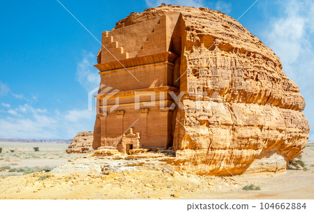 Entrance to the ancient nabataean civilization Tomb of Lihyan, son of Kuza carved in rock in the desert,  Mada'in Salih, Hegra, Saudi Arabia 104662884
