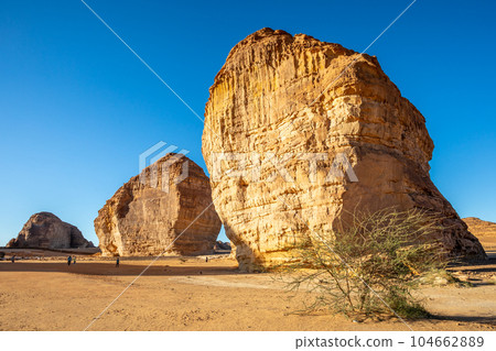Sandstone elephant rock erosion monolith standing in the desert, Al Ula, Saudi Arabia 104662889