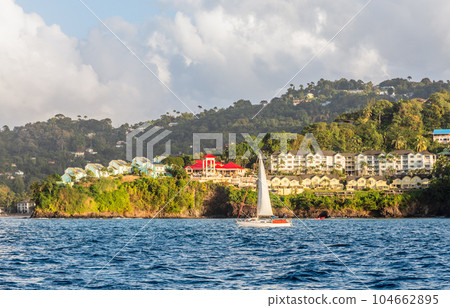 Coastline view with sailing yacht, villas and resorts on the hill, Castries, Saint Lucia 104662895
