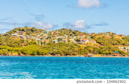 Panorama of the bay, Mayreau island, Saint Vincent and the Grenadines, West Indies, Caribbean Panorama of the bay, Mayreau island, Saint Vincent and the Grenadines, West Indies, Caribbean 104662902