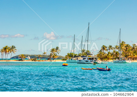 Turquoise colored sea with ancored yachts and boats, Tobago Cays, Saint Vincent and the Grenadines, Caribbean sea Turquoise colored sea with ancored yachts and boats, Tobago Cays, Saint Vincent and the Grenadines, Caribbean sea 104662904