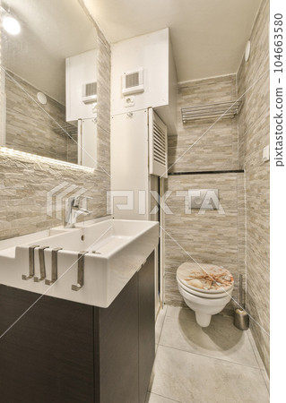 a bathroom with a toilet, sink and mirror above the sink is an image of a pizza on the counter a bathroom with a toilet, sink and mirror above the sink is an image of a pizza on the counter 104663580