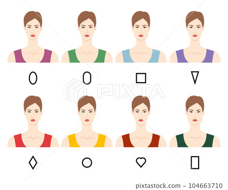 Set of Women faces shape types - head oval, oblong, square, inverted triangle, diamond, round, heart, rectangle Set of Women faces shape types - head oval, oblong, square, inverted triangle, diamond, round, heart, rectangle 104663710