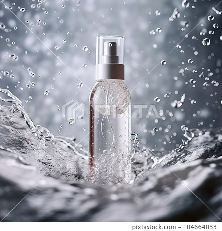 Beauty product bottle mockup, cosmetic container in liquid splash, skincare product packaging front view commercial template 104664033
