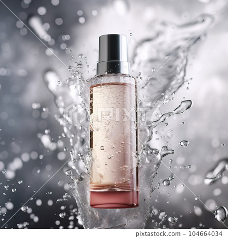 Beauty product bottle mockup, cosmetic container in liquid splash, skincare product packaging front view commercial template 104664034