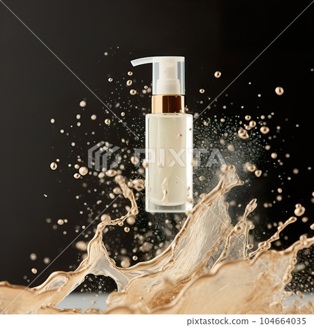 Beauty product bottle mockup, cosmetic container in liquid splash, skincare product packaging front view commercial template 104664035