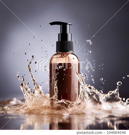 Beauty product bottle mockup, cosmetic container in liquid splash, skincare product packaging front view commercial template 104664046