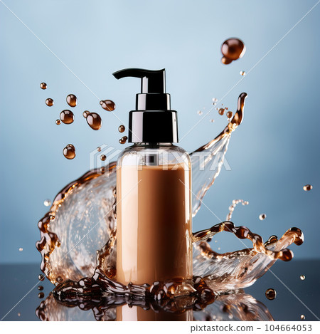 Beauty product bottle mockup, cosmetic container in liquid splash, skincare product packaging front view commercial template 104664053