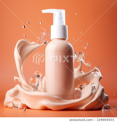 Beauty product bottle mockup, cosmetic container in liquid splash, skincare product packaging front view commercial template 104664055