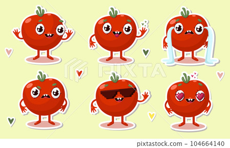 Vector illustration of tomato character stickers with various cute expression, cool, funny, set of tomato isolated Vector illustration of tomato character stickers with various cute expression, cool, funny, set of tomato isolated 104664140