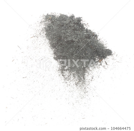 Black Husk rice seed grain fly in air. Burn black husk paddy falling scatter, explosion float in shape form line group. White background isolated freeze motion high speed shutter Black Husk rice seed grain fly in air. Burn black husk paddy falling scatter, explosion float in shape form line group. White background isolated freeze motion high speed shutter 104664475