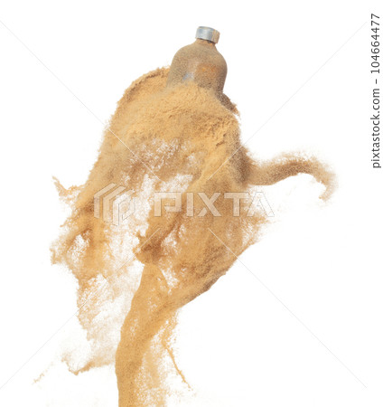 Cosmetic container white bottle fly splashing in mid air. Moisturizer lotion cream bottle explosion flying with sand powder dust under dry sun. White background isolated high speed shutter freeze Cosmetic container white bottle fly splashing in mid air. Moisturizer lotion cream bottle explosion flying with sand powder dust under dry sun. White background isolated high speed shutter freeze 104664477