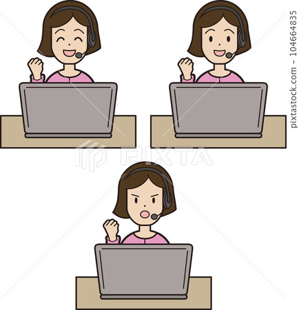 一位年輕女子在電腦呼叫中心打字時接聽電話，面部表情模式粘乎乎的姿勢 104664835