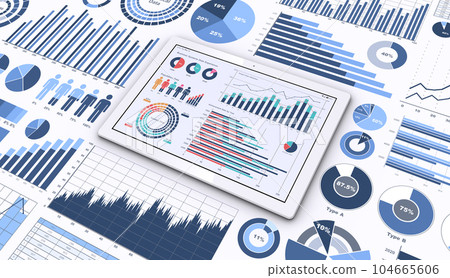 顯示業務數據和各種圖形和圖表的平板電腦、分析和檢查業務數據的圖像 104665606
