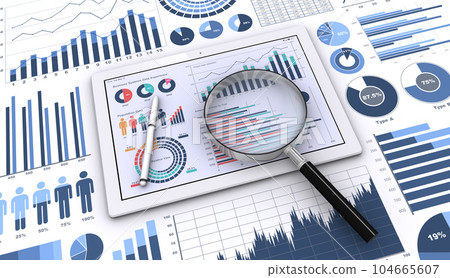 An image of analyzing and examining business data, examining a tablet displaying data with a magnifying glass 104665607