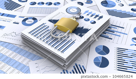 Pile of business documents and padlock, confidential information security image Pile of business documents and padlock, confidential information security image 104665824