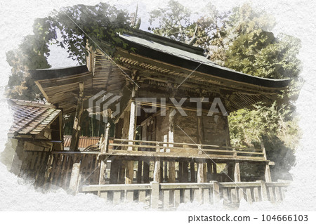 岡山縣吉備中央町水彩畫風格的日吉神社正殿 岡山縣吉備中央町水彩畫風格的日吉神社正殿 104666103