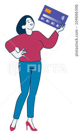 Woman holding debit or credit payment card. Flat illustration isolated on white background. eps10 104666306