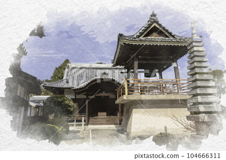 水彩風格的普賢院戒天堂和鍾樓，岡山縣岡山市 104666311