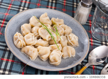 Portion of appetizing homemade meat dumplings Portion of appetizing homemade meat dumplings 104666338