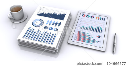 Tablet displaying piles of business documents and data Tablet displaying piles of business documents and data 104666377