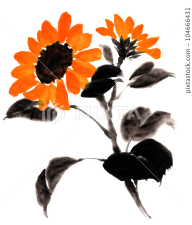 Sunflower drawn with ink painting technique 104666431