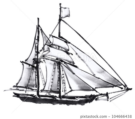 水墨畫帆船-插圖素材[104666438] - PIXTA圖庫
