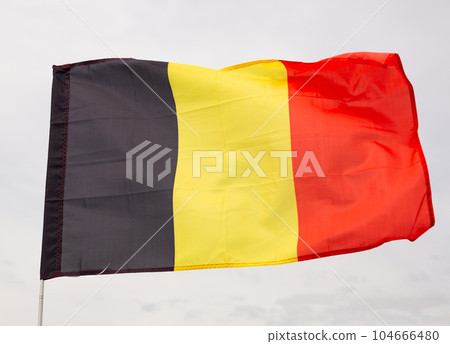 Waving flag of Belgium against cloudy sky 104666480