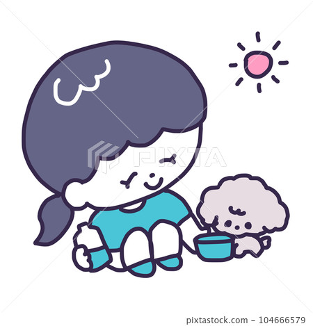 一隻可愛的玩具貴賓犬在戶外從一位年輕女子那裡取水的插圖 104666579