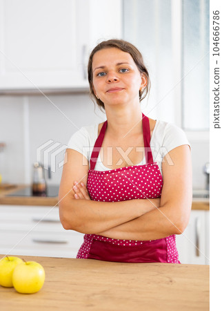 Young woman in apron posing in kitchen Young woman in apron posing in kitchen 104666786