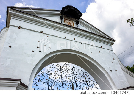 The gate of the monastery survived the Maloyaroslavets battle with Napoleon. MALOYAROSLAVETS, RUSSIA - JULY 2015 The gate of the monastery survived the Maloyaroslavets battle with Napoleon. MALOYAROSLAVETS, RUSSIA - JULY 2015 104667473