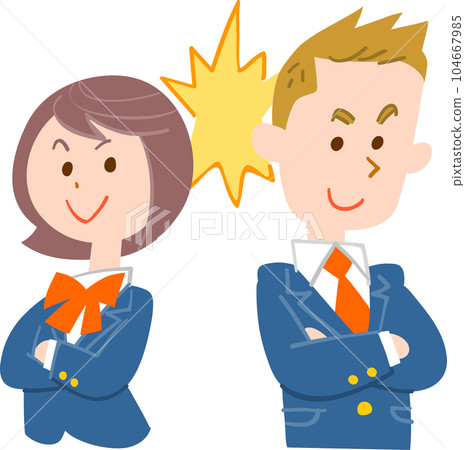 Male and female students looking at each other with folded arms Male and female students looking at each other with folded arms 104667985