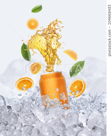 Orange splashing out of aluminum can and falling juicy oranges with ice cubes background 104668485