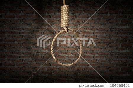 suicide concept. noose with shadow on dark brick wall 104668491