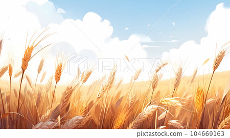 手绘卡通唯美麦田风景插画 104669163