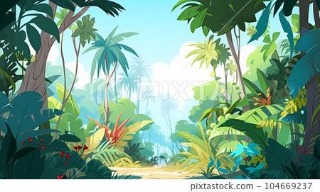 手绘卡通唯美热带雨林风景插画 手绘卡通唯美热带雨林风景插画 104669237