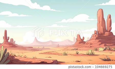 手绘卡通唯美沙漠西部荒野风景插画 手绘卡通唯美沙漠西部荒野风景插画 104669275