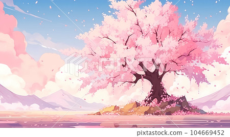 手绘卡通唯美盛开的樱花风景插画 104669452