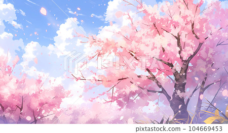 hand drawn cartoon beautiful blooming cherry blossom landscape illustration 104669453