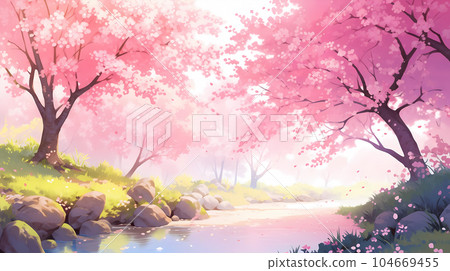 手绘卡通唯美盛开的樱花风景插画 104669455