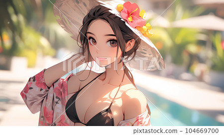 hand drawn cartoon beautiful illustration of girl in summer swimsuit 104669700