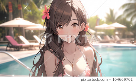 hand drawn cartoon beautiful illustration of girl in summer swimsuit hand drawn cartoon beautiful illustration of girl in summer swimsuit 104669701