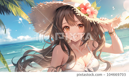 手绘卡通唯美夏天穿泳装的女孩插画 手绘卡通唯美夏天穿泳装的女孩插画 104669703