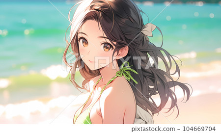 hand drawn cartoon beautiful illustration of girl in summer swimsuit hand drawn cartoon beautiful illustration of girl in summer swimsuit 104669704