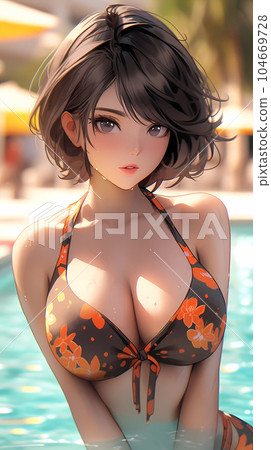 hand drawn cartoon beautiful illustration of girl in summer swimsuit hand drawn cartoon beautiful illustration of girl in summer swimsuit 104669728