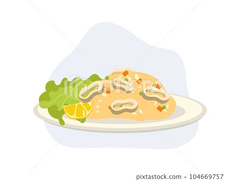 Fried rice with squid or octopus - stir-fried rice with squid, egg . Flat vector cartoon illustration 104669757
