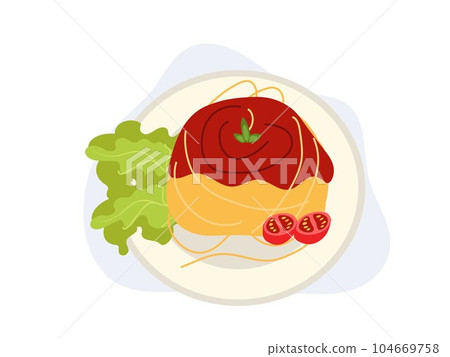 Spaghetti Napolitan on plate top view. Flat vector cartoon illustration 104669758