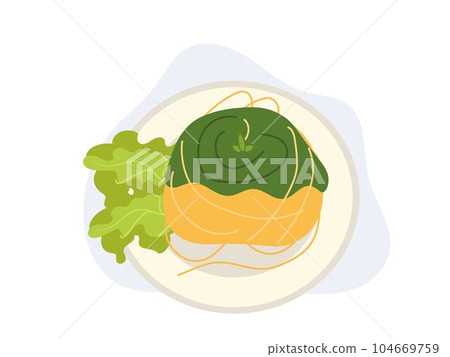 Spaghetti in pesto sauce. Top view. Flat vector cartoon illustration Spaghetti in pesto sauce. Top view. Flat vector cartoon illustration 104669759